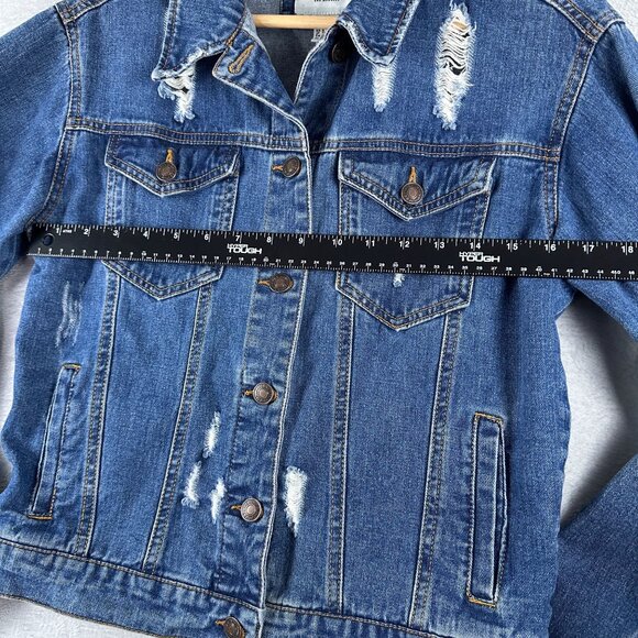 Forever 21 Denim Jacket Distressed Womens Size Small Button Front Blue - Picture 7 of 12
